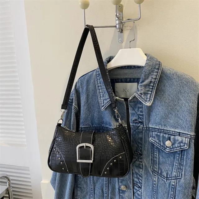Women Shoulder Bag Alligator Pattern PU Leather Underarm Bag Handbags (Black) 3