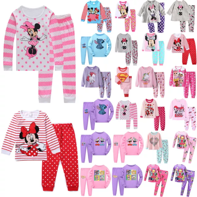 Kids Girls Minnie Stich Cartoon Print Pyjamas Set Pjs Nightwear Sleepwear Outfit