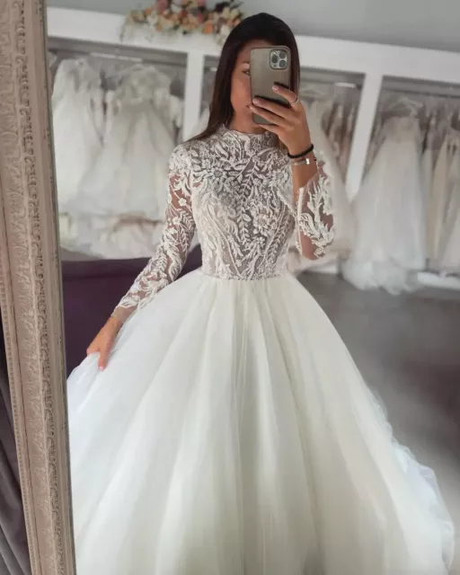 Elegant A-line High Neck Wedding Dresses Long Sleeves Lace Appliques Bridal Gown