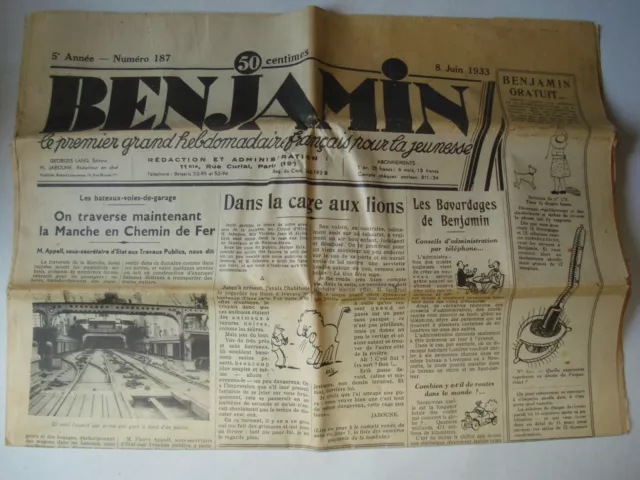 Journal BENJAMIN N° 187 5eme année 8 juin 1933 hebdomadaire pour la jeunesse