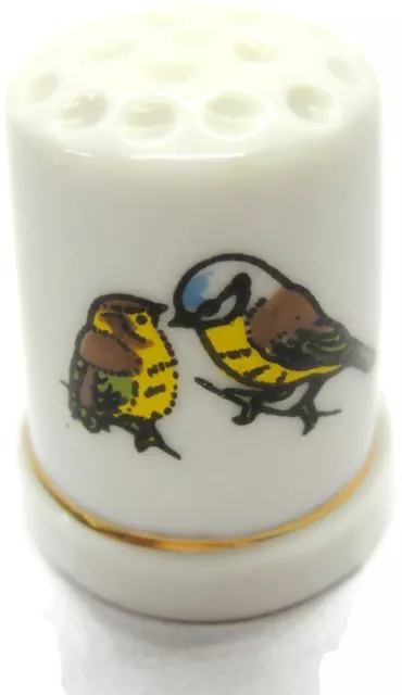 Hand Painted Pair of Birds Vintage Porcelain White Thimble Gold Trimmed Band