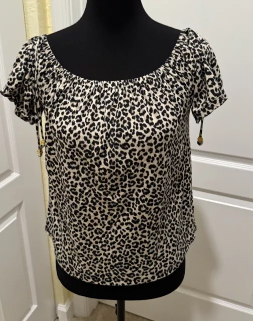 LADIES Small  MICHAEL KORS SHORT SLEEVE LEOPARD PRINT TOP RET $78 Off Shoulder