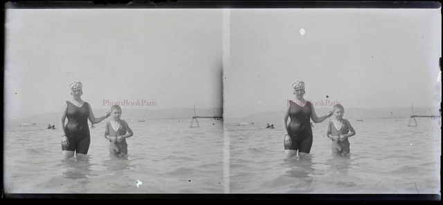 FRANCE Mode Balnéaire Photo c1930 NEGATIVE Plaque de verre Vintage Stereo VR16