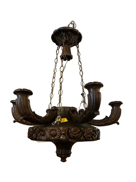 Antique Carved Oak French 6 Light Chandelier 38” X 32”