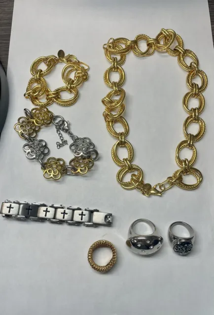 Nadri jewelry lot 3 bracelets 1 necklace 3 rings stainless steel gold tone v