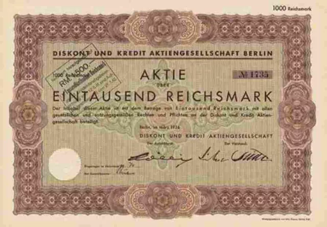 Diskont und Kredit AG 1936 Berlin Dresdner Bank Staatsbank Dresden Düsseldorf #