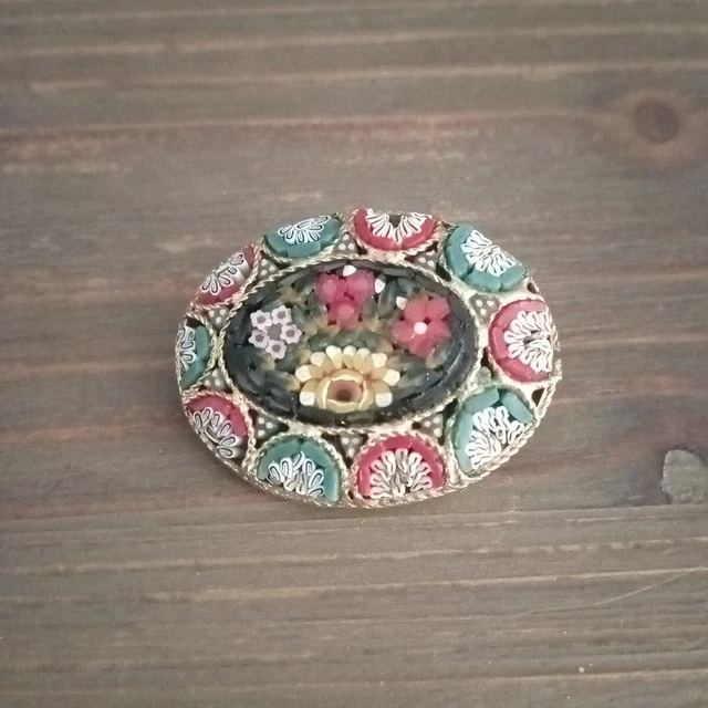 Broche Vintage Italie - Micro Mosaïque Couleur Vieil Or - Bijou Ancien Rare - Occasion Très Bon état