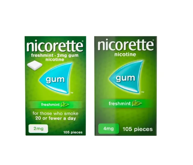 Nicorette Stop Smoking Aid Chewing Gum 2mg / 4mg 105 Pieces FRESHMINT