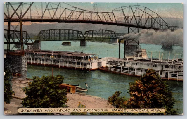 Winona Minnesota~Steamer Frontenac & Excursion Barge~Bridge~c1910 Postcard