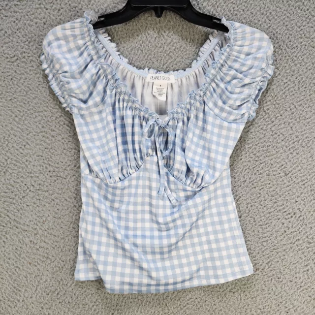 Planet Gold Puffed Sleeve Peasant Top Juniors S Blue Gingham Scoop Neck S/S