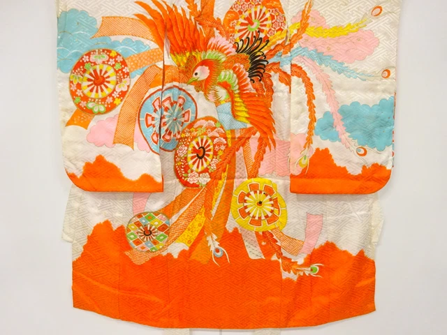 6788723: Japanese Kimono / Antique Kimono / Embroidery / Phoenix & Wheel
