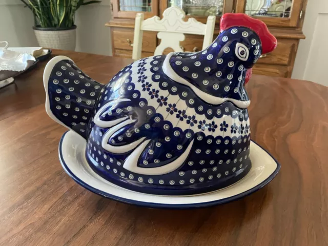 Blue Rose Polish Pottery Flowering Peacock Hen Baker/Roaster