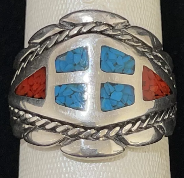 Southwestern Sterling Silver Turquoise Coral Ring 925 Size 9.50