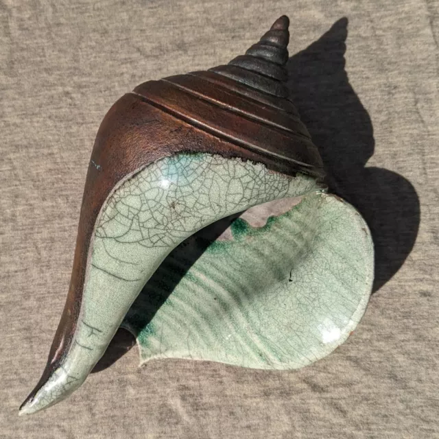 Unique Raku Pottery Copper Fused Ceramic Art Sea Shell Conch Blue Glazed Vintage