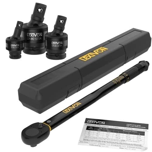 LEXIVON 1/2-Inch Drive Click Torque Wrench 10~150 Ft-Lb/13.6~203.5 Nm + Unive...