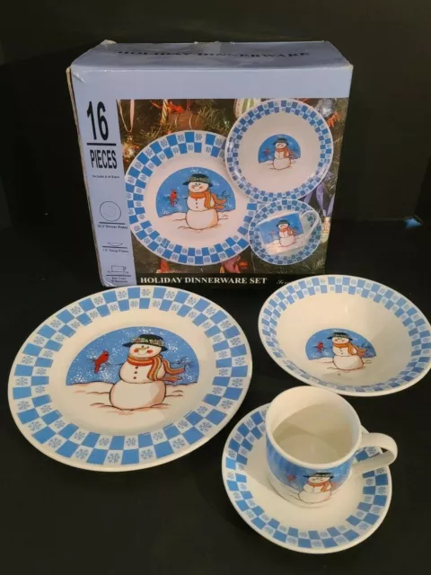 NEW IN BOX 16 Piece GEI Design Christmas Snowman Holiday Dinnerware Dish Set