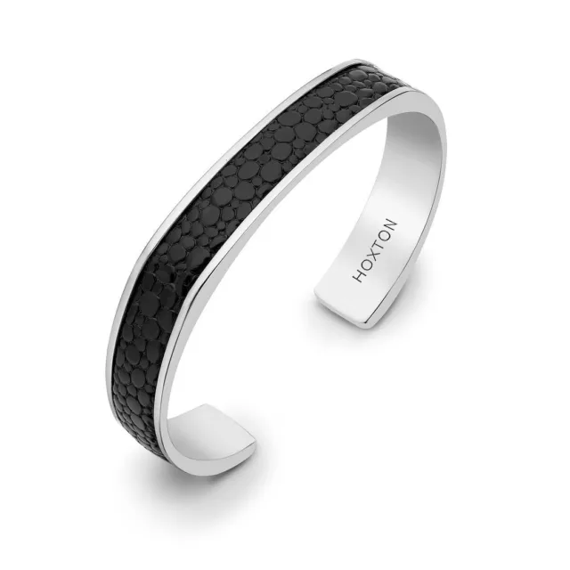 Hoxton Hommes Argent Sterling Noir Imprime Cuir Incrustation Bracelet