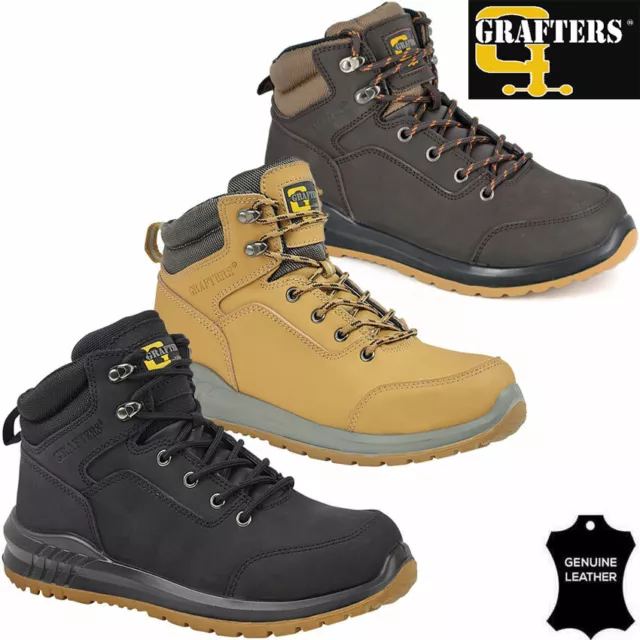 Mens GRAFTERS Leather Safety Boots Steel Toe Cap Work Hiking Shoes Ankle Trainer