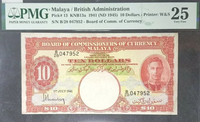 PMG 25 VF 1941 MALAYA&BRITISH Administrati.10 Dollars B/Note(+FREE1 note)#19562