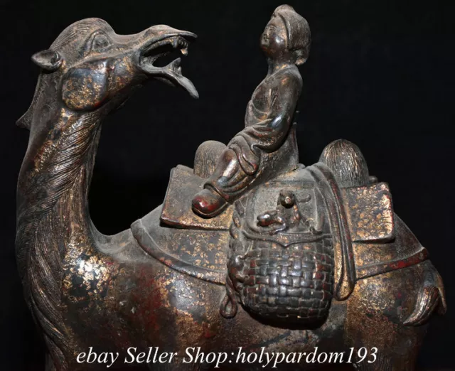 8.8" Old Chinese Bronze Dynasty Palace The Silk Road Human Ride camel Statue 2