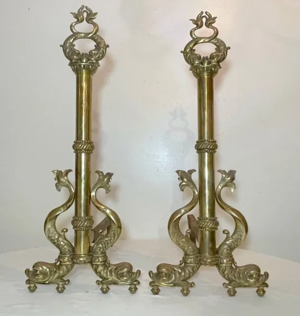 pair of 2 antique ornate Victorian dolphin fish bronze brass fireplace andirons