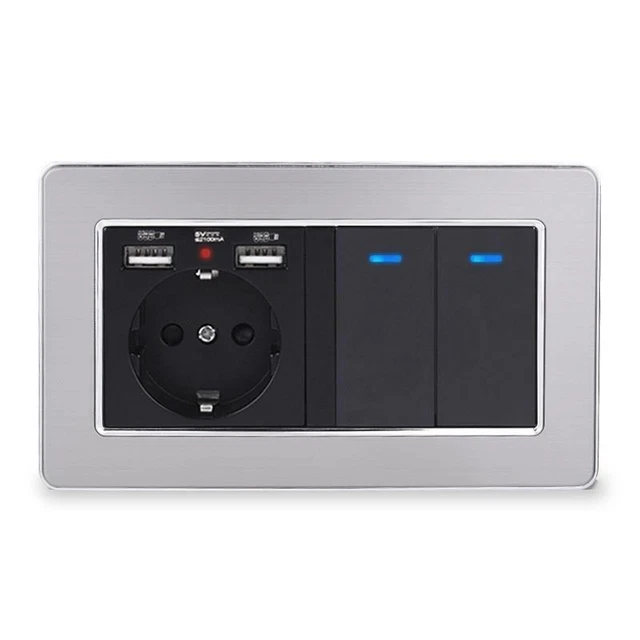 WALL SOCKET EU 2 USB Steel Frame 2 Gang 1 Way On/Off Spain Durable