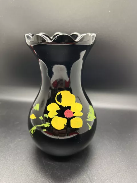 VTG 1920’s Black Amethyst Vase Depression Glass Scalloped Hand Painted Flower 6”