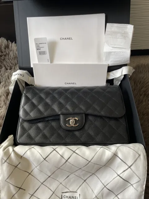 CHANEL CLASSIC DOUBLE Flap Bag Quilted Caviar Jumbo Silver