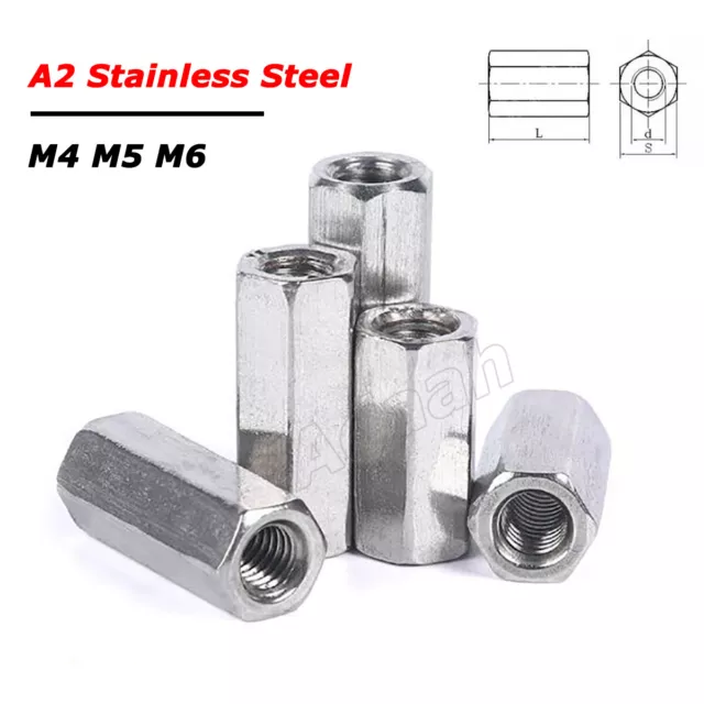 M4 M5 M6 Hex Connector Nuts Threaded Sleeving Rod Bar Stud Long Nut A2 Stainless