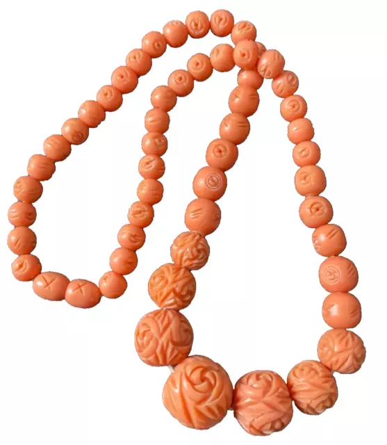 Art Deco Vintage 30s Faux Coral Celluloid Carved Rose Bead Graduated Necklace