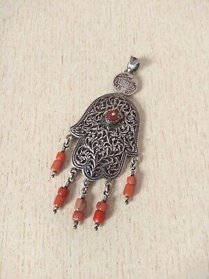 Moroccan Silver Berber Khamsa Pendant with Old Coral beads