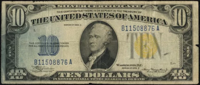1934 A $10 Ten Dollar North Africa Overprint Silver Certificate Note Fr#2309