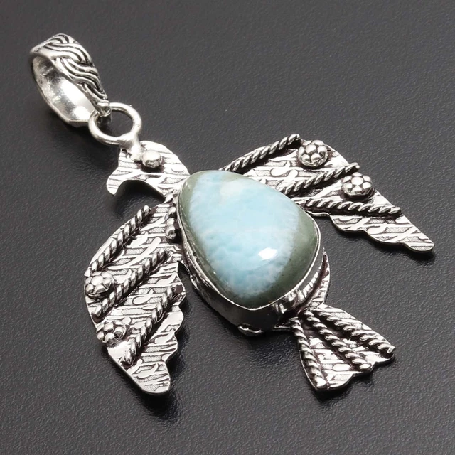 U10797 Natural Larimar Eagle Flying Style Handmade Pendant 2.5" Gemstone Jewelry