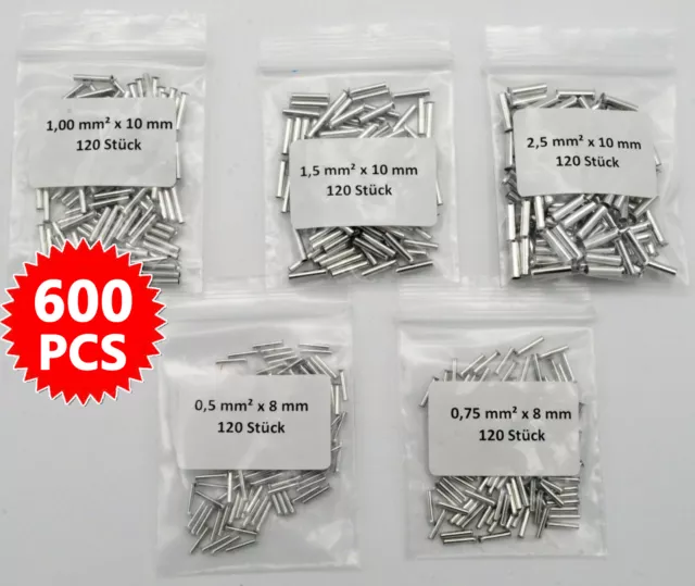 600pcs Copper Bare Wire Splice Terminals Uninsulated Ferrules Crimp Connectors