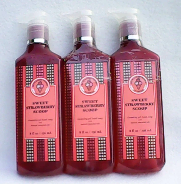 THREE Bath & Body Works White Barn Dulce Fresa Gel Jabón Lavado a Mano