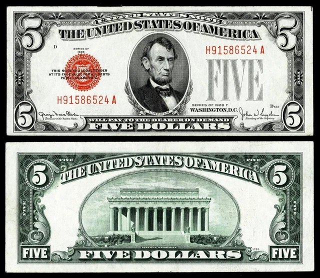 1928-F $5 Red Seal United States Note~ VERY FINE