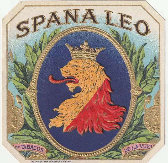c1920 rare SPANA LEO King Lion Embossed Cigar Box Label - Excellent Condition