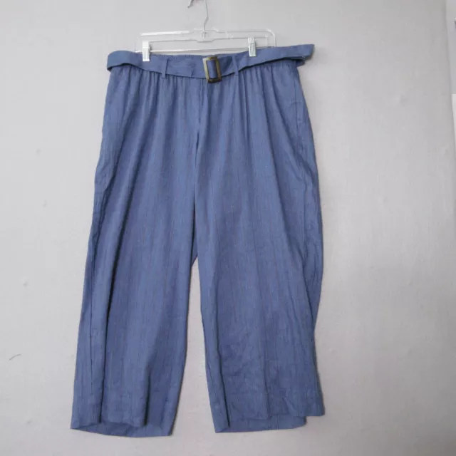 J Jill Linen Stretch Pants Women Plus 1X Blue Stripe Belted Wide Leg Crop Flowy