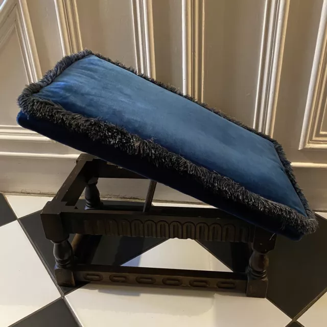 Vintage Priory Corner Foot Stool Adjustable Wooden Oak Antique Blue