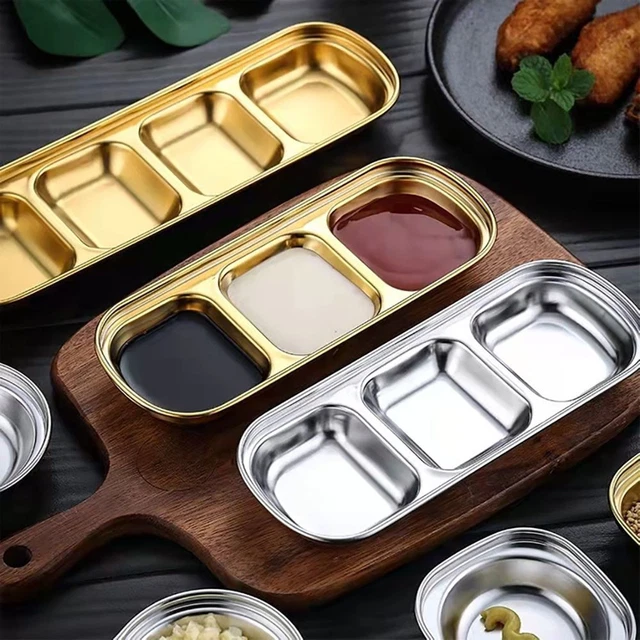 Plato pequeño rectángulo acero inoxidable salsas espuma especia platos bandeja para servir bandeja