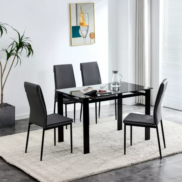 Set of 5 Dining Table Set Rectangle Tempered Glass Table W/4 High Backrest Chair