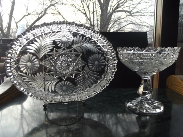 Compote & Salad Bowl American brilliant Period Cut glass Crystal Luzerne Anemone