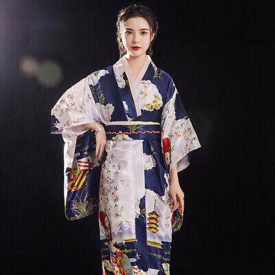 Japanese Lady Kimono Satin Floral Yukata Bride Nightgown Soft Pajama Costumes