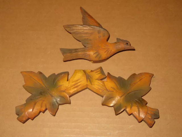 Vintage Wood Cuckoo Clock Parts Top Topper Leaves Bird AS IS Broken Bird 8" #2g