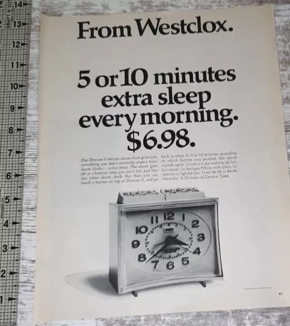 1970 Westclox Vintage Print Ad Alarm Clock Electric Snooze Button Lighted Dial