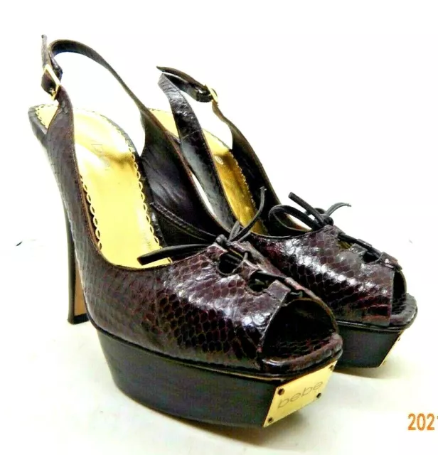 BEBE Womens Brown Leather Stiletto Heels OPen Toe Platform Shoes Size 7M