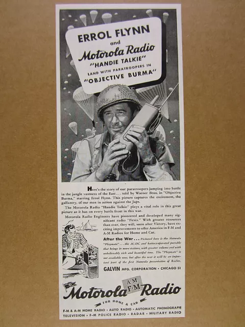 1945 errol flynn photo Motorola walkie Handie-Talkie paratroopers art vintage Ad