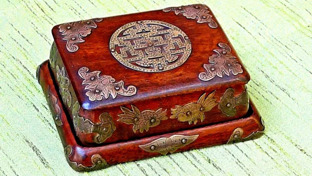 Antique Chinese Rosewood Shou Symbol&Tray Decorated W/Bats,Koi Fish,Batterflies