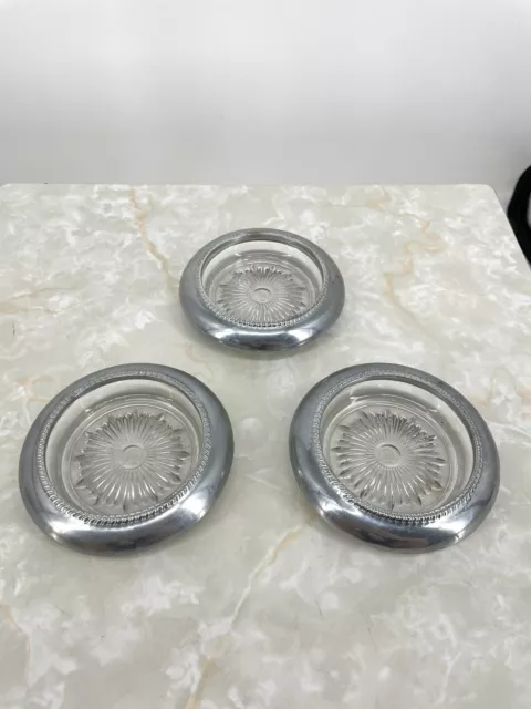 Vintage Set of Three Coasters - Silver and Cut Glass