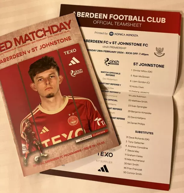 Aberdeen v St Johnstone 28.2.24 Match Programme + Teamsheet VG+